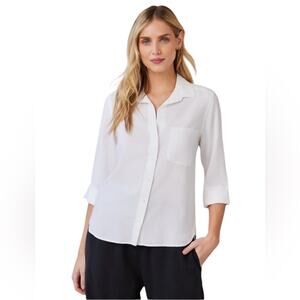 Bella Dahl White Long Sleeve Classic Button Front Hi Lo Shirt Tencel Lyocell, M